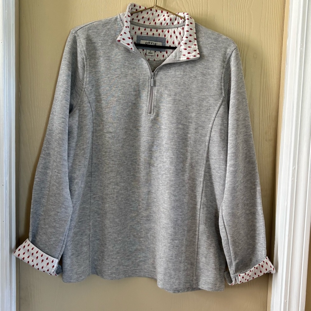 Orvis Light Gray Zip-Up Sweater with Patterned Collar